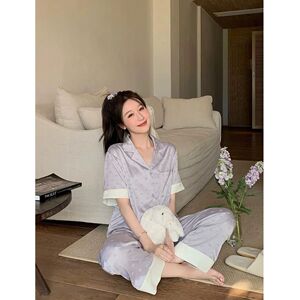 高级感夏季新款冰丝睡衣女爱心短袖长裤ins韩版可外穿家居服套装