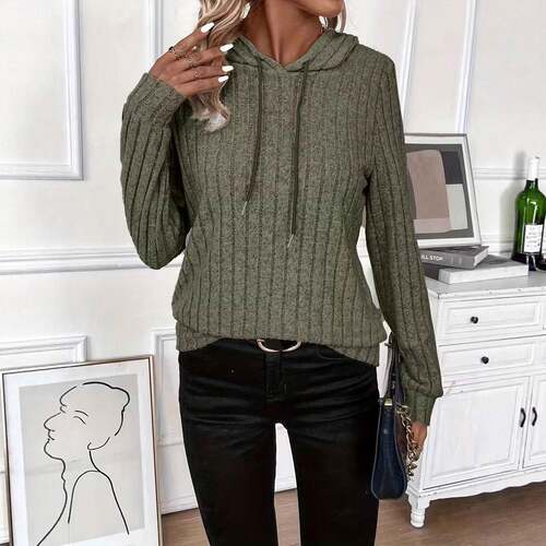 Womens Drawstring Knit Hoodie Long Sleeve Pullover Casual