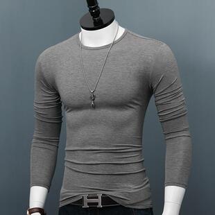 男士圆领长袖t恤春季上底衬衫修身色韩式t恤bottom0204w