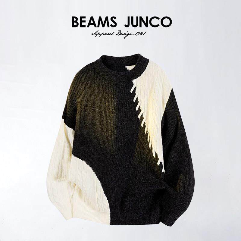 BEAMSJUNCO日系圆领毛衣秋季新款男士简约宽松休闲毛衣撞色针织衫
