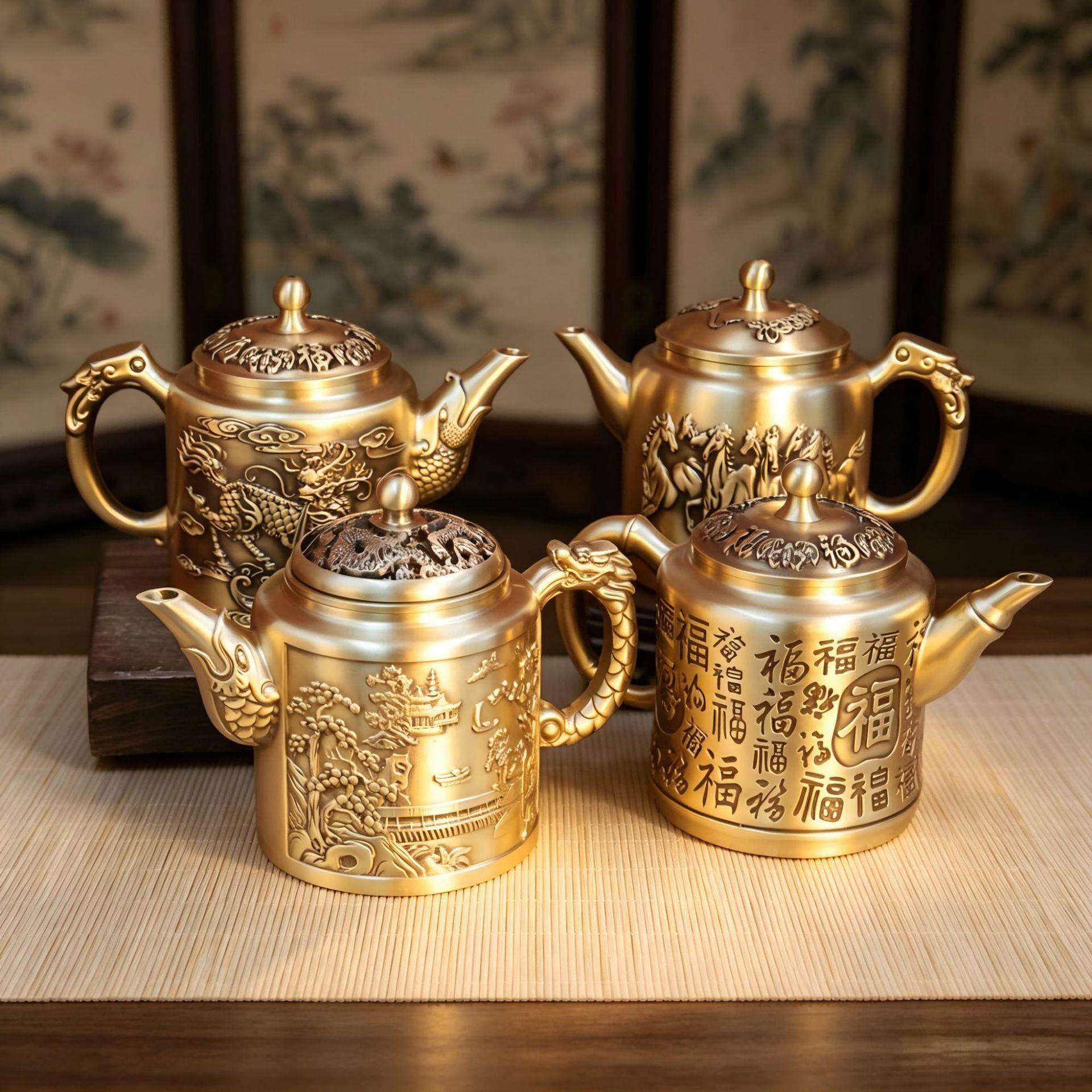 黄铜龙凤山水茶壶家居茶桌茶具铜摆件龙凤呈祥小茶壶会销礼品摆件