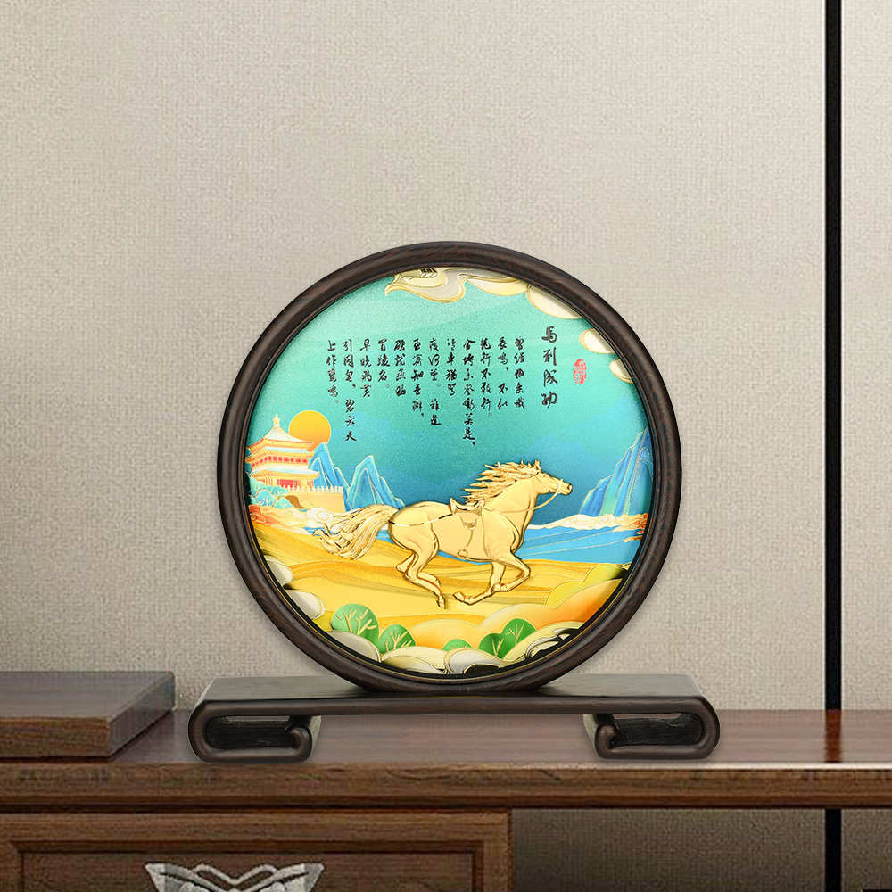 新屏风系列金箔礼品工艺品桌面摆件鸡翅木富贵吉祥马到成功装饰画