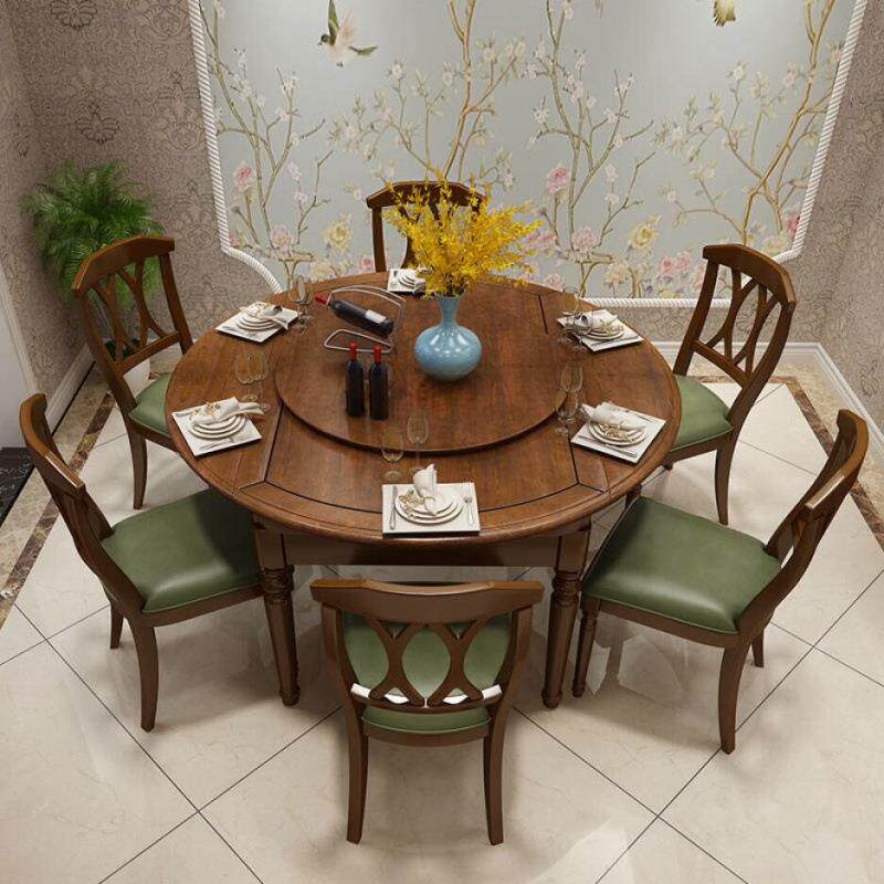 美式实木客厅伸缩餐桌折叠圆桌组合小户型简约多功能餐桌椅组合