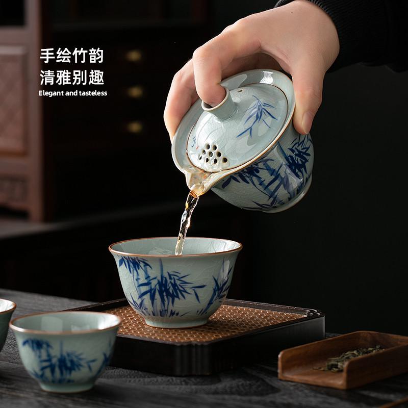 便携式旅行茶具套装户外简易手抓泡茶壶茶杯青花瓷露营汝窑快客杯