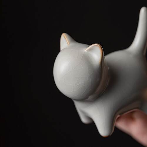 中式复古汝窑萌猫可爱茶宠可养摆设陶瓷摆件纸镇开片猫咪笔架笔搁