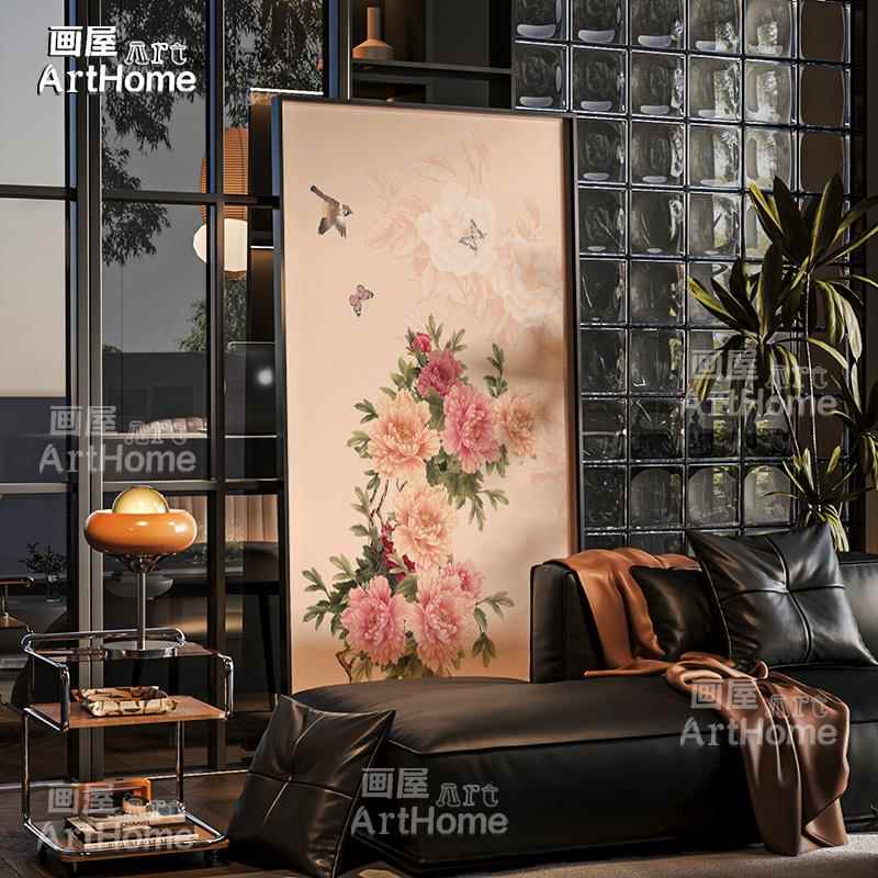 宋代美学牡丹花鸟入户玄关装饰画中古风复古艺术餐厅壁画走廊挂画图片