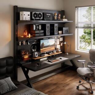 电竞房间洞洞板置物架落地金属收纳架立式免打孔电脑桌面改造装饰