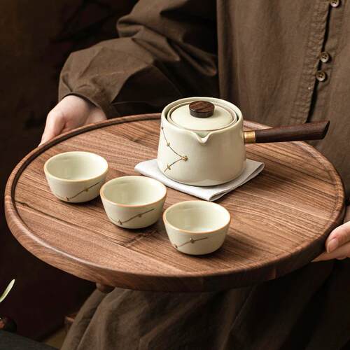 御黄汝窑锔钉侧把壶中式陶瓷茶壶泡茶家用一壶三杯户外便携不烫手
