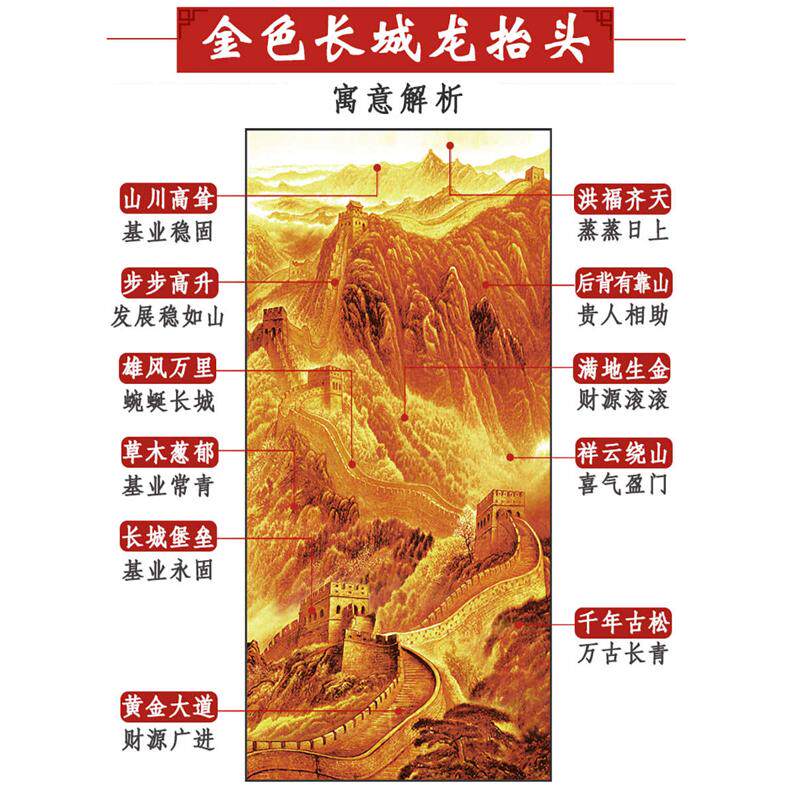 玄关竖版装饰画金色长城画靠山图国画办公室客厅山水走廊壁画网红