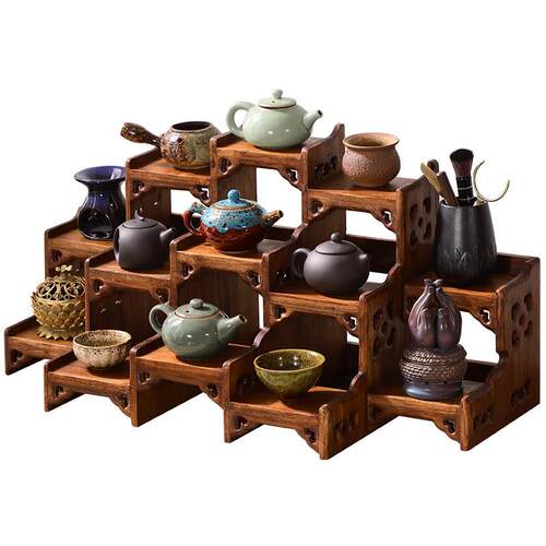 中式博古架木紫实砂壶架子茶具茶杯展示架小190824架置物摆件茶壶