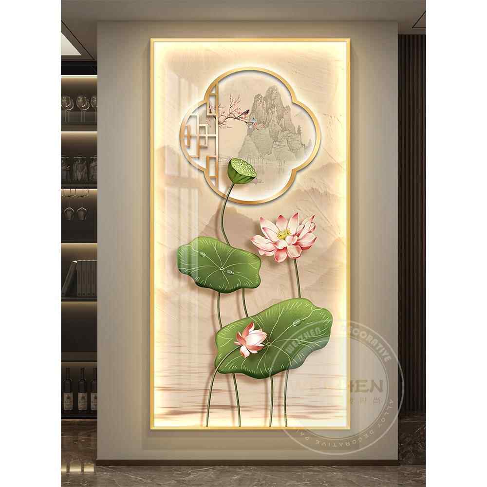 led带灯轻奢新中式入户玄关装饰画走廊过道简约现代挂画荷花壁画