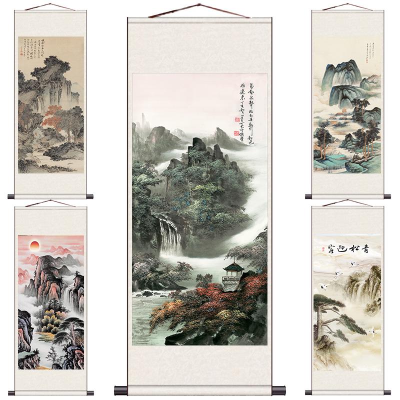 山水招财风水画卷轴挂画山泉秋色国画风景客厅装饰丝绸画字画礼品