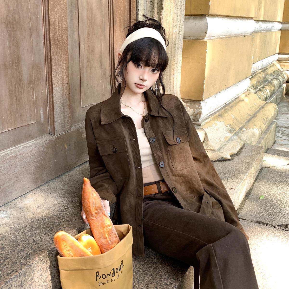 秋冬新款美式复古垂感慵懒宽松百搭舒适长袖外套显腰线显瘦依春