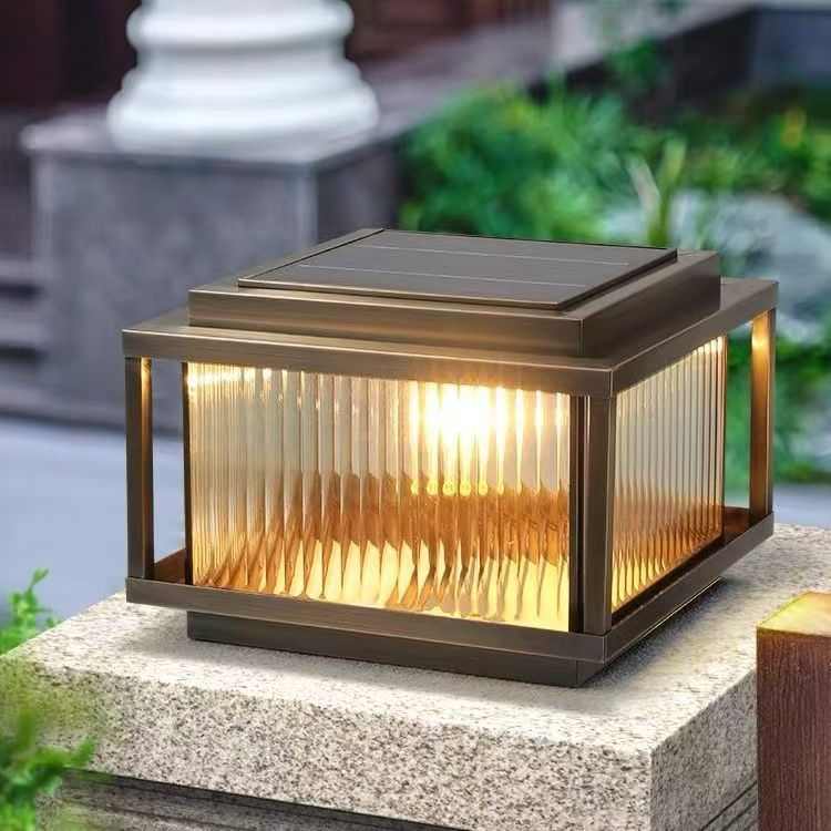 拉丝质感太阳能柱头灯别墅庭院围墙灯LED方形门柱围栏灯walllight