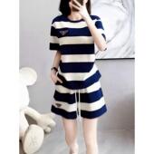 条纹运动套装 短裤 女2023夏季 韩版 潮牌时尚 休闲短袖 新款 大码 两件套