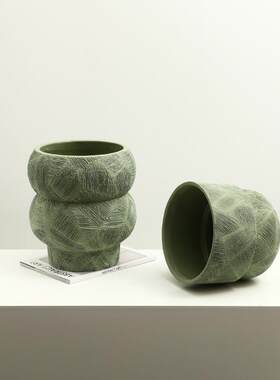 现代田园风绿菱肌理水泥花瓶跨境家居别墅酒店客厅桌面创意工艺品