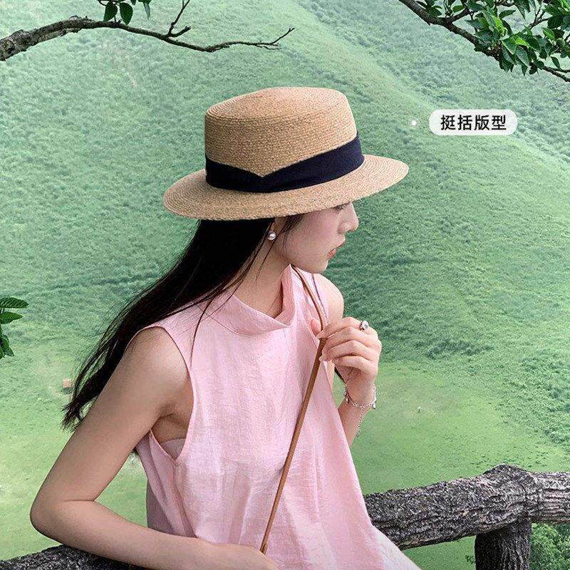 2026新款夏季平顶草帽女大头围海边沙滩编织防晒太阳帽子