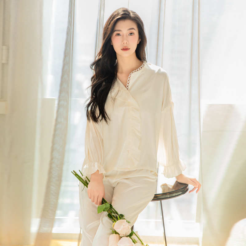 睡衣女春秋冰丝长袖家居服宫廷风复古法式纯色简约高级感两件套装