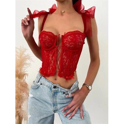 Lace perspective lace-up hollow short vest sexy underwear