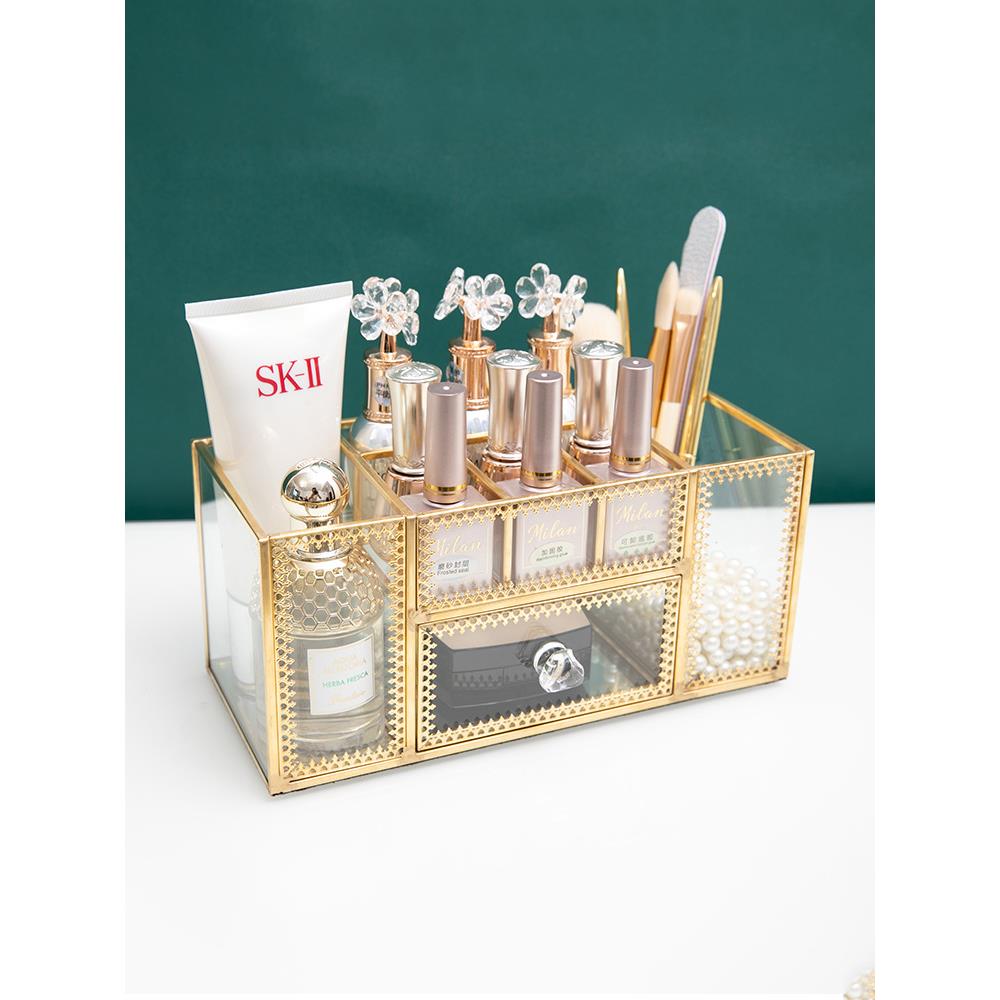A6L美甲收纳盒金边玻璃桌面化妆品置物盒美甲店搓条工具笔筒整理