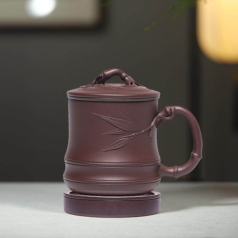 宜兴紫砂杯内胆过滤五件手工贴竹叶男士茶水分离杯配送储水式杯托