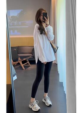 白色中长版打底衫女遮屁股卫衣内搭叠穿长袖T恤鲨鱼裤搭配0203r1