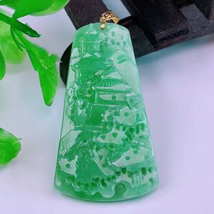 缅甸天然真品翡翠18k金扣头冰满绿满色高端精品闪拍山水牌玉吊坠