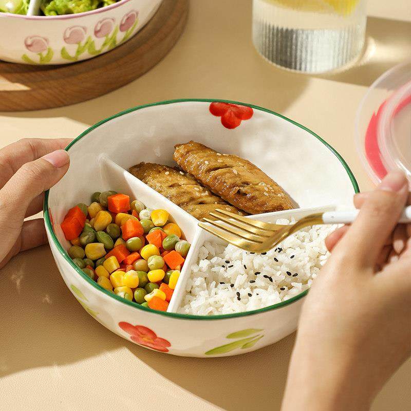 陶瓷分格餐盘食堂打饭一人食减肥餐定量个人专用分隔饭盒上班族碗