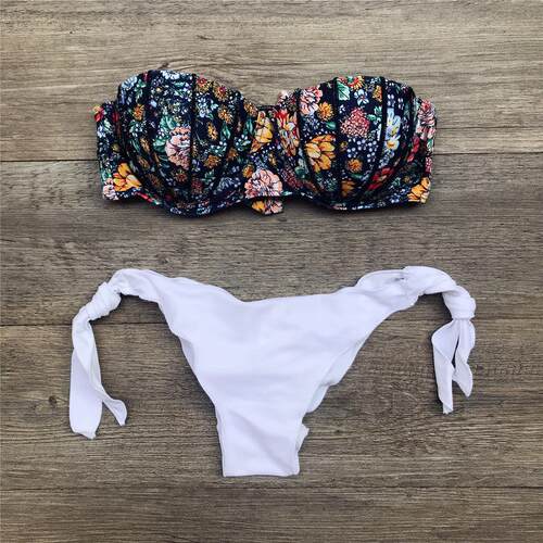 Printed bra with low waist lace up bikini印花低腰系带比基尼