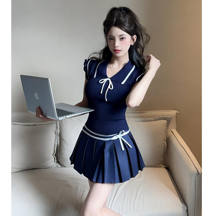 足浴酒吧性感辣妹制服翻领无袖针织衫上衣百褶短裙足疗技师工服