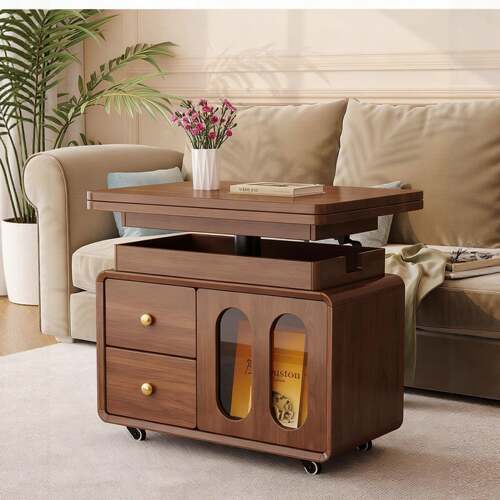 小户型实木升降茶几边几可移动小推车客厅家用边柜