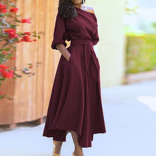 Shoulder Dress Waist Cinched A-Line Split Hem Midi Gown
