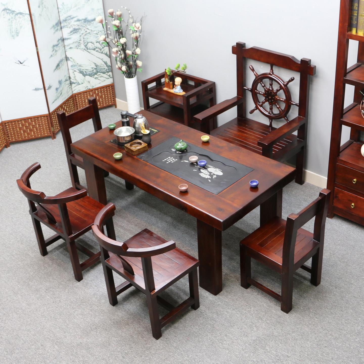 老船木茶桌椅组合实木小茶台套装一体家用茶几阳台小型办公泡茶桌