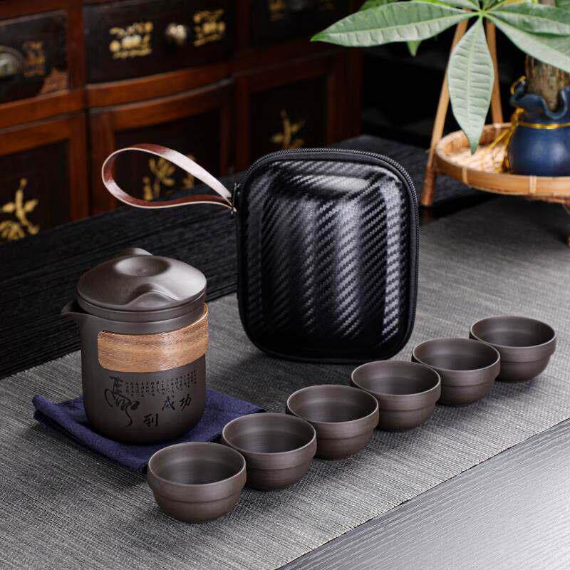 紫砂旅行茶具套装便携式一壶六杯快客杯陶瓷功夫户外旅游茶壶茶杯