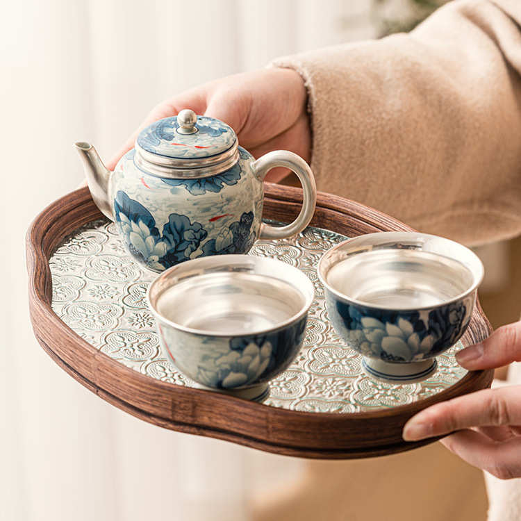 几欢鎏银鱼戏青荷手执壶陶瓷泡茶壶家用高档功夫茶具小号茶壶单壶