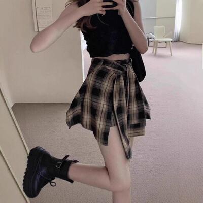 Women's Plaid Print Knot Front Asymmetrical Skirt Casual