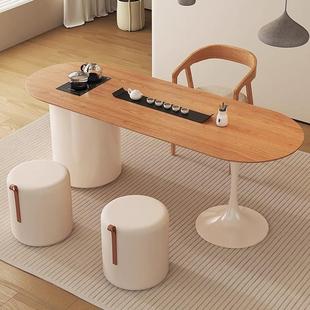 奶油风小书茶台泡家HAR用茶桌茶桌一体原木风桌阳台实木茶桌椅组