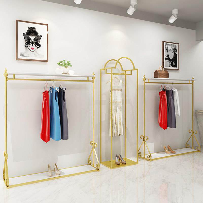 欧式服装店展示架落地式女装店货架金色铁艺中岛架陈列架侧挂衣架