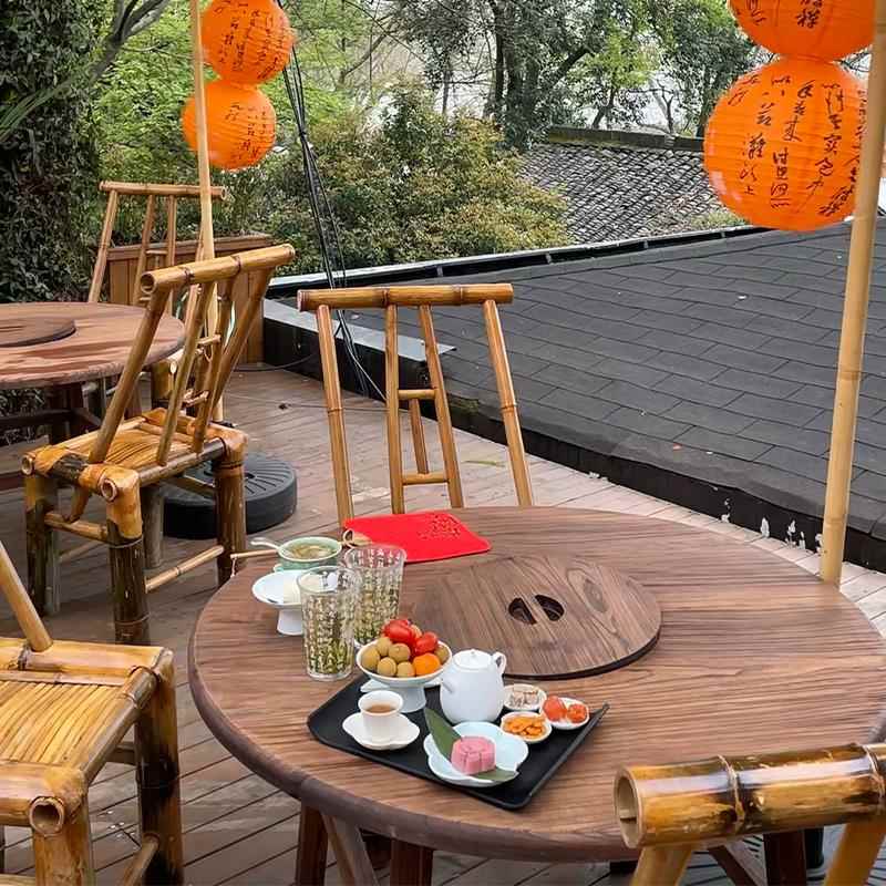 老榆木煮围院炉茶桌户外庭围炉1203复古风竹子炭火椅炉小圆桌