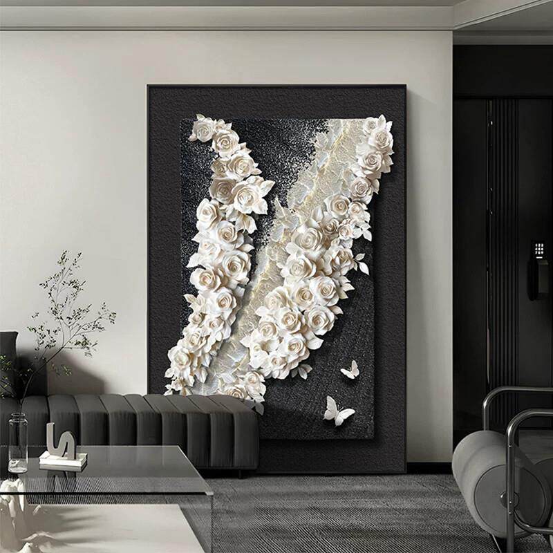 简约现代客厅沙发背景墙装饰画大幅落地挂画抽象画肌理感花卉壁画