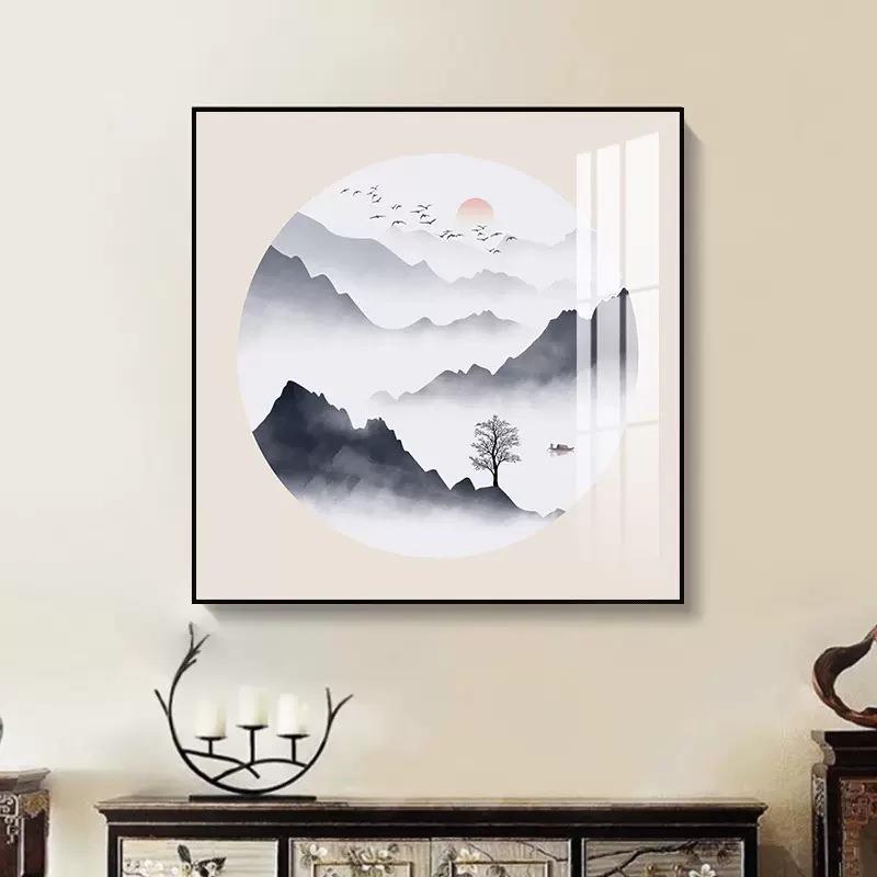 新中式玄关装饰画风景山水画走廊过道壁画客厅方形餐厅办公室挂画