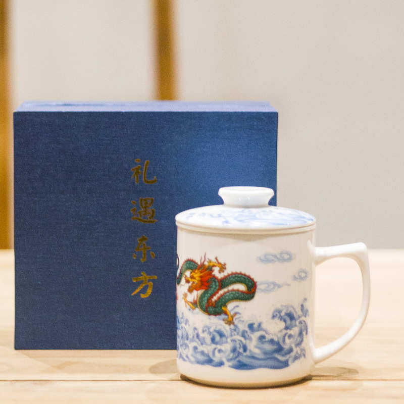 陶瓷直身茶漏盖杯两款画面带茶漏陶瓷会议杯商务办公水杯广告杯