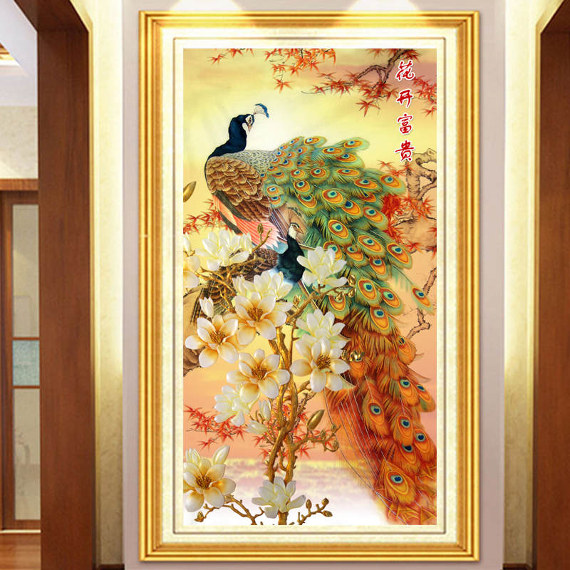 5d钻石画2024新款满钻玄关花开富贵贴钻十字绣客厅动物钻石绣孔雀