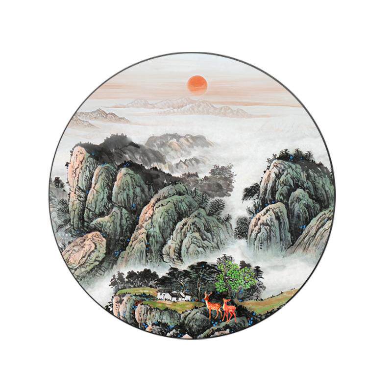 泰山日出图日出东方招财风水进门玄关画圆形有山无水靠山图挂画