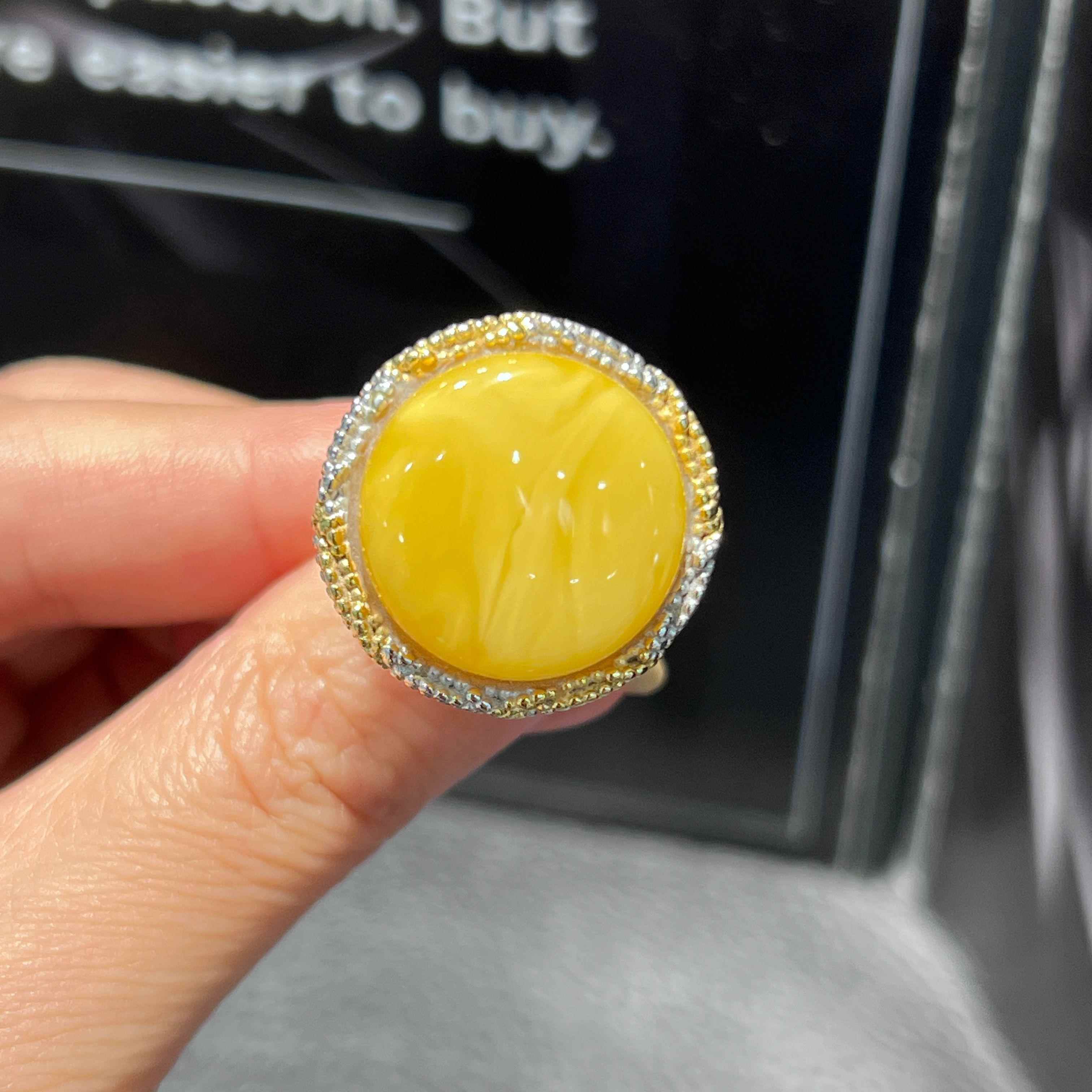 欧洲设计款 天然鸡油黄老琥珀戒指蜜蜡手环 原矿女士 可调节圈口