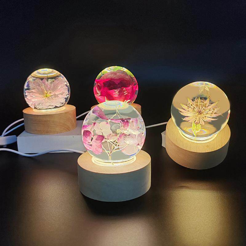 中秋创意树脂永生鲜花水晶球小台灯触摸控制调光暖黄色树脂工艺品