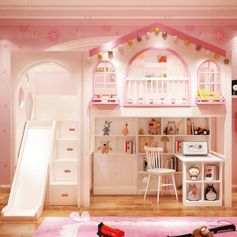 儿童双层床上下铺女孩树屋书桌衣柜一体公主子母交错式高低子母床