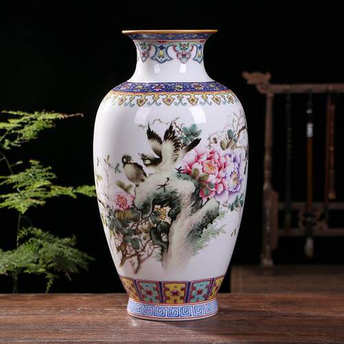 景德镇陶瓷器 粉彩山水客厅装饰品博古架描金花瓶 家居工艺品摆件
