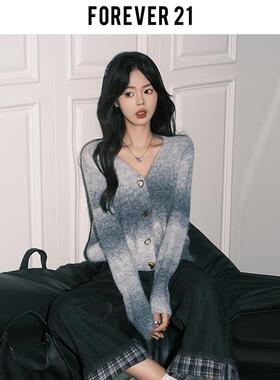 Fo软everr21GK-Y20-1设计感灰白撞色针织开衫女别致V领毛外衣套宽