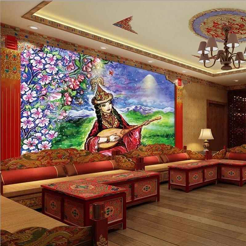 酒店民宿墙纸装修民族特色油画冬不拉背景墙哈萨克族饭店餐厅壁纸